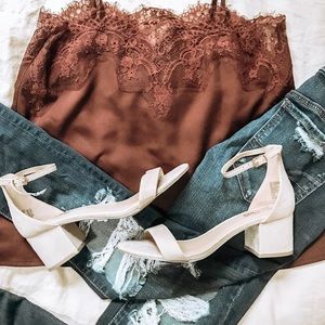 light pink suede block heels